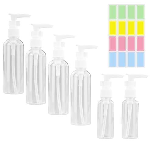 6 Pcs Botellas de Viaje Transparentes, Bomba de Plástico Botella de Viaje, Rellenables Botellas con Bomba de Plástico, Dispensador, para Viaje de Cosméticos Loción Champú Líquido (50 ml & 100 ml)
