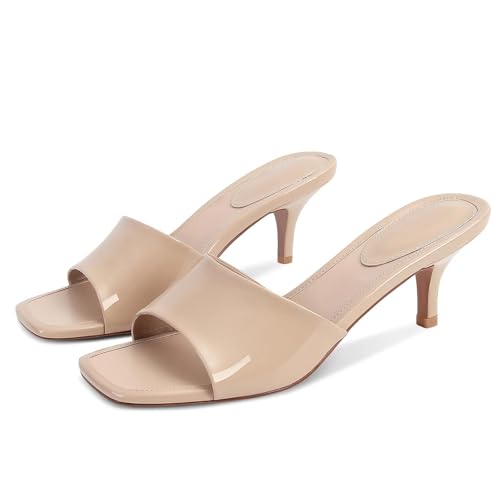 Image of Dsevht Black Kitten Heel Sandals Stiletto Low Heels Slip On Slides Mule Sandal Square Open Toe Dress Shoes for Women
