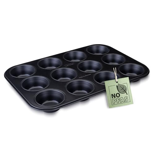 Zenker Perfect Black 12er Muffinform aus Stahlblech – zweifache Antihaftbeschichtung, Hitzebeständig bis 230°C, Ideal für köstliche Muffins - Made in Germany