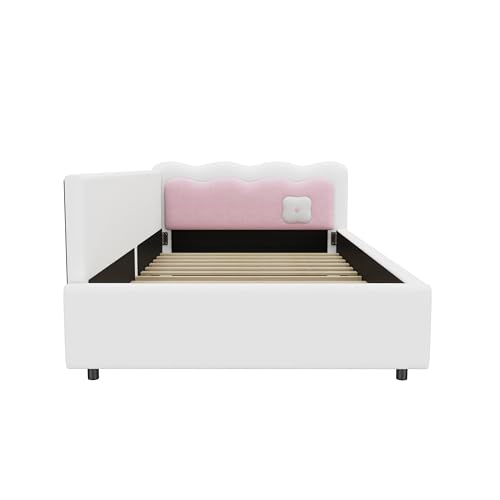 Polsterbett Schlafsofa 90x200 cm, L-förmiges Einzelbett mit LED, Gästebett Daybett Tagesbett, Bettgestell mit Lattenrost, Ohne Matratze, Weiß – Bild 8