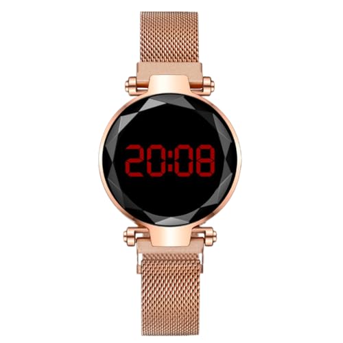 JOATVEE Elektronische Damenuhr rote LED Digitalanzeige Mode Armbanduhr mit Metall Mesh Band Magnetverschluss