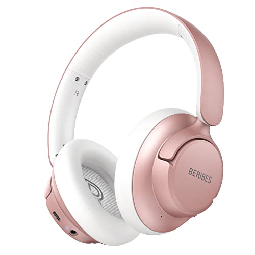 Hybrid ANC Headphones with Transparent Mode, BERIBES 65H Playtime Wireless Over-Ear Headphones (Rose Gold)