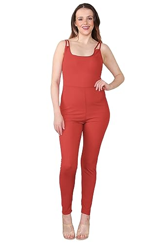 Image of Hamishkane Ladies Double Straps Ribbed Cami Jumpsuit All in One Unitard Skinny Romper Playsuit Rust