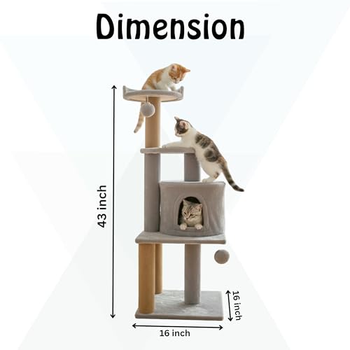 Image of Soft Fur Activity Scratching Post /Cat Tree for Kittens & Cats - Natural Sisal Rope Triple Platform Tower (Height 43 Inch) (Grey -3FLOOR)