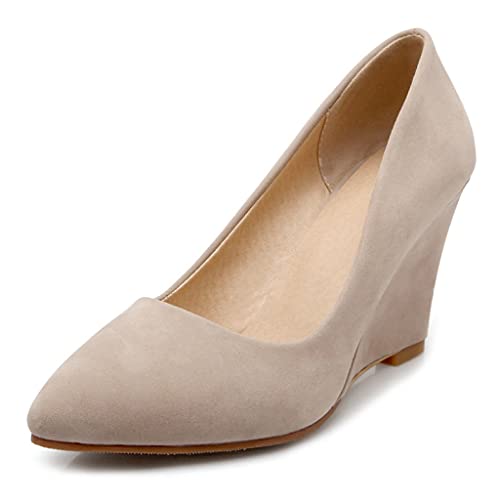 Women's Pointed Toe Wedge High Heel Pumps Suede Casual Slip-On Comfort Chunky Dress Walking Shoes