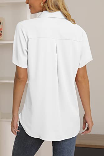 Aisew Womens Casual Button Down Shirts V Neck Chiffon Short Sleeve Collared Office Work Blouses Tops With Pocket (1187White, Small) #TOP2