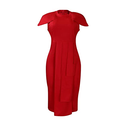 Women's Elegant Pleated Bodycon Dress Crewneck Short Cap Sleeve Formal Work Midi Pencil Dress Red