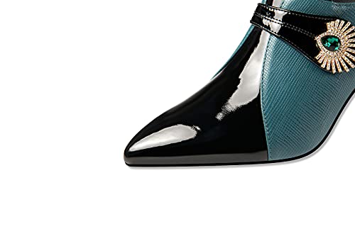 Tinacus Women's Patent And Genuine Leather Handmade Pointed Toe Spool Heel Green Crystal Side Zip Oxford Pumps (Blue, Us7.5) #TOP3