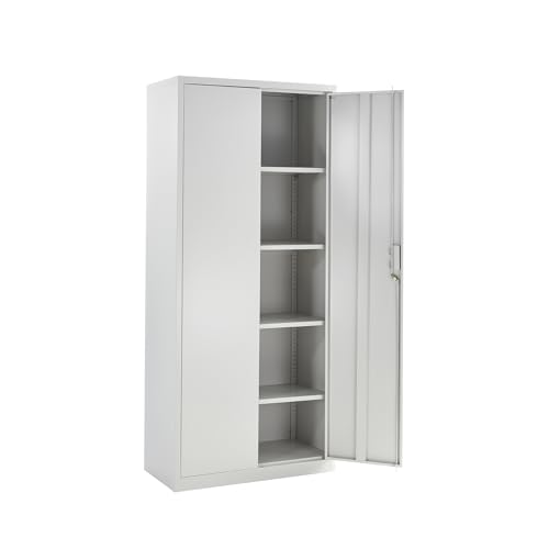 Metal Storage Cabinet with Lock, 2 Door Lockable Office Storage Cupboard, Tall Grey Unit 4 Adjustable Shelves, 180cm Office Cabinet, for Warehouse, Workshop, Garage Tool Cabinet (Grey, 180H x 80W)