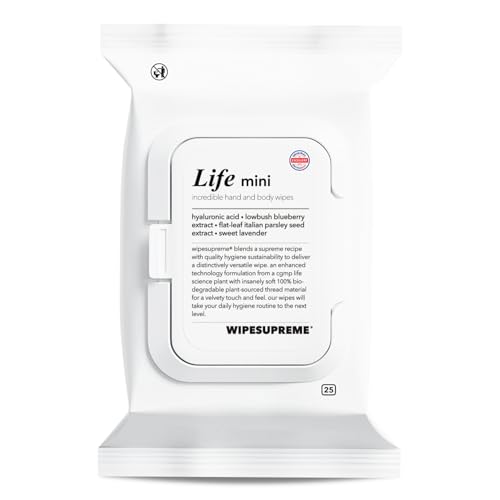 Wipesupreme Compostable Hand & Body Wipes, Hypoallergenic for Sensitive Skin, EWG Verified, Moisturizing with Hyaluronic Acid, Babies to Adults | Travel, 25 Count (1 Pack)