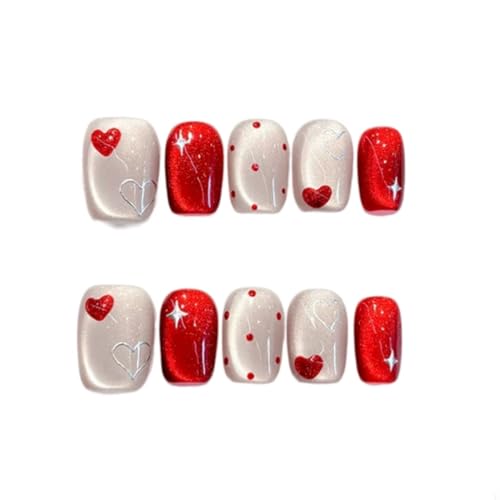 Heart Press on Nails Short Coffin Fake Nails with Glitter Star De...