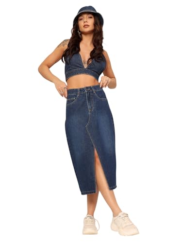 Image of Dolce Crudo Women's Flared High-Rise Stretchable Denim Maxi Skirt