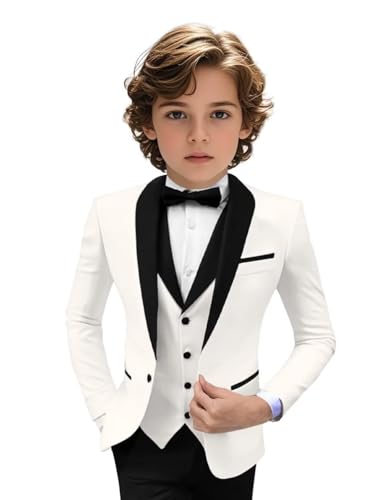 Image of Tuxedo Suits for Boys 3 Pieces Slim Fit Boys Formal Suit Dresswear Ring Bearer Outfit Blazer Vest Pants for Wedding Grooms