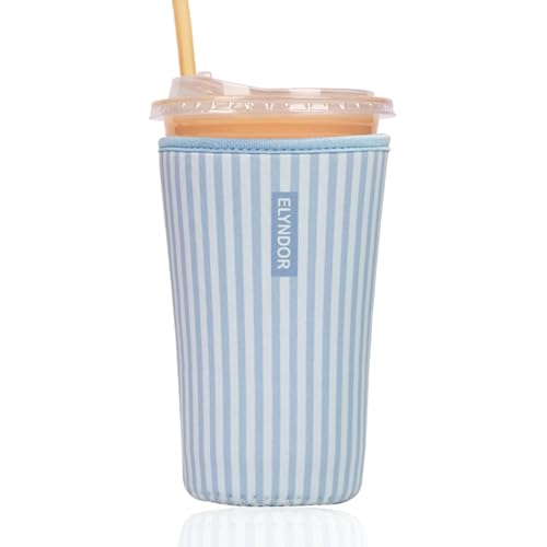 Image of Reusable Insulated Sleeve for Iced Coffee Cup, Coffee Neoprene Sleeve for Cold & Hot Drinks, Beverage Holder for Iced Coffee (Blue Stripes, Large: 32oz)