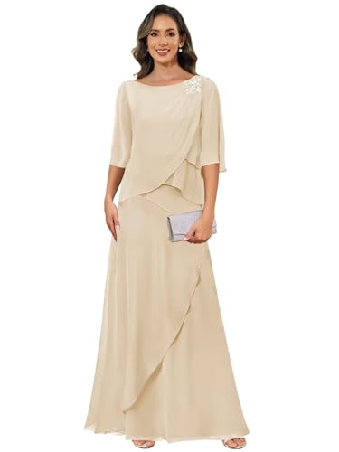 Mother of The Bride Dresses for Wedding Chiffon A Line Long Evening Dresses with Sleeves