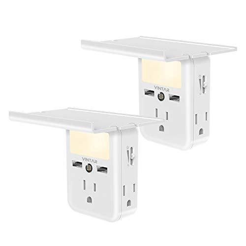 [2-Pack]VINTAR Outlet Shelf-Wall Outlet Extender with Built-in Shelf, Multi Plug Outlet with Adjustable Night Light,3 Power Outlets 2 USB Ports,ETL Certified.