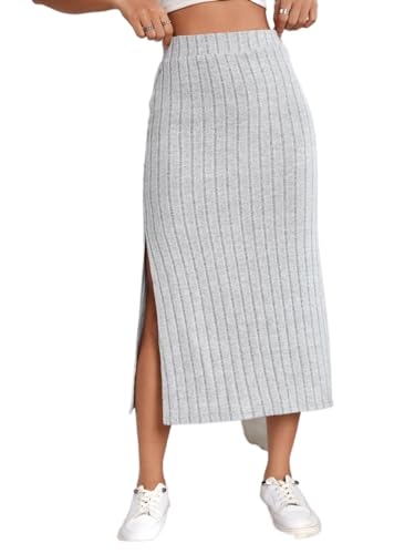 EsEiCo Womens Midi Skirt High Waist Rib-Knit Slit Thigh Skirt
