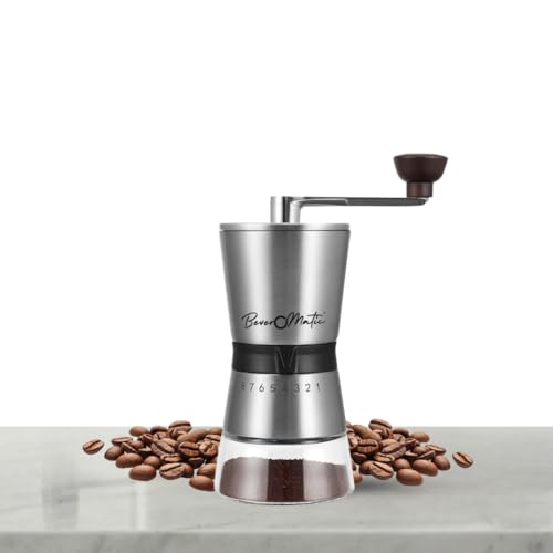 Image of Stainless Steel Manual Coffee Grinder, 80 Grams Bean Capacity | Ceramic Burr, Borosilicate Glass Jar, 8 Grind Settings, Beechwood Knob, For Drip Coffee, Espresso, Cappuccino, French Press