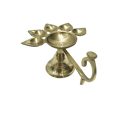 Kunal Panch Diya Brass Jyot Diya with Handle Brass Aarti Deepam Golden Deepak Pooja Dia Brass Diwali Diya/Deepawali Deepak Oil Lamps/Christmas Decoration Gift Items Size- 5 inch