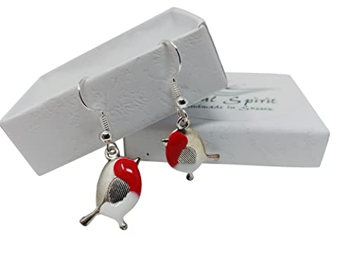 Robin Bird Earrings silver plated ear wires in gift box handmade resin enamelled Feral Spirit East Sussex, (Robin Earrings Silver Plate)