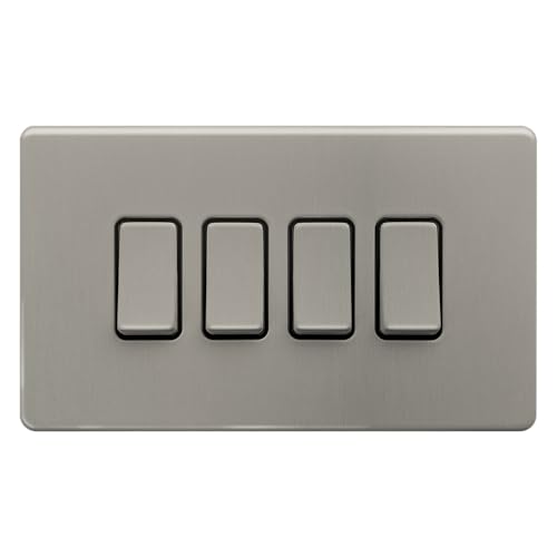 Image of Evoges Terra 1/2/3/4 Gang 2 Way Light Switch, 10AX, Brushed Chrome with Black Insert – Decorative Metal Plate (4 Gang)