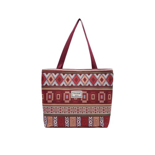 Image of Women Bohemian Canvas Tote Bag - Burgundy Ethnic Geometric Print Large Capacity Shoulder Handbag, Stylish Shopping Tote for Office, College, Travel & Daily Use