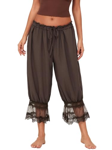 Image of Barbotimer Women Lace Trim Bloomer Trousers Ruffle Pettipants Pantaloons (Dark Brown, S)