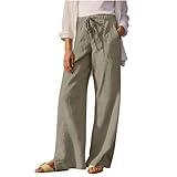 Lmdudan Palazzo Pants for Women Summer Beach Vacation Drawstring Wide Leg Linen Pant Spring Casual Loose Flowy Clothes Beige