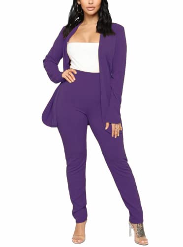 Aro Lora Damen 2-teiliges Outfit Casual Solid Open Front Blazer und Bleistift Hose Anzüge Set, Dunkelviolett, X-Groß