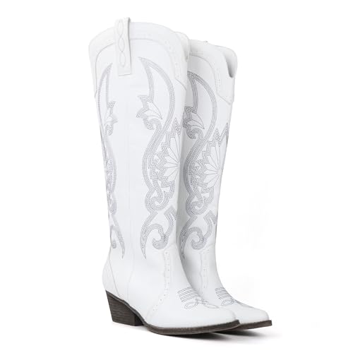 Image of Hawkwell Women's Cowboy Cowgirl Boots Slip On Pointed Toe and Block Heel Shoes with Classic Embroidered Pull On Tall Boot for Ladies Dress Western Knee High Boots