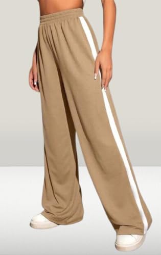 Image of Women's Wide Leg Track Pants, Beige with White Side Stripe, Elastic Waist, Casual Style