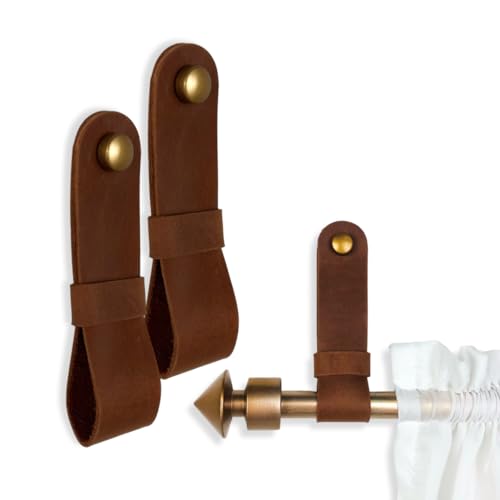 2 Pc Minimalist Design Leather Curtain Rod Bracket - Easy to Install Set of Universal Wall Hanging Strap Curtain Rod Holders with Screws and Plastic Wall Plugs - 4.8