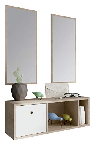 Pitarch Mueble recibidor Moderno 2 Espejos Blanco y Roble 1 cajón Entrada 70x28
