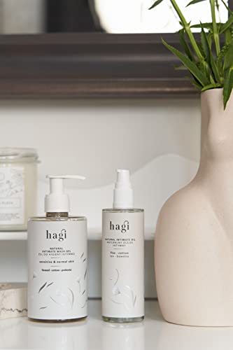 Hagi Naturalny Olejek Intymny | Pielęgnacja intymna, po goleniu i depilacji | Nawilża skórę | z olejem lnianym, olejem z bawełny i olejem makadamia | Olejek do masażu | Wegański | 100 ml