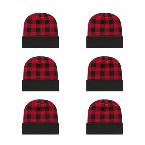 Cap America RKP12 6-Pack Classic Plaid Pattern Acrylic Blend Made in USA Winter Knit Cap with Cuff | Bulkpack Available(True Red/Black)
