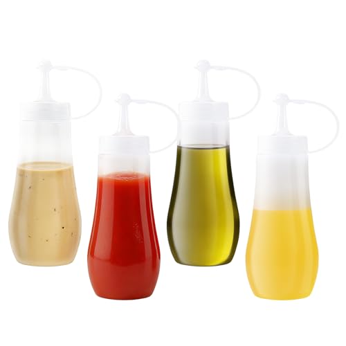 keilend Squeeze Bottle with Lid, 4 Pcs 8.8 Oz Reusable Squeezy Sauce Bottles, Plastic Squeezy Bottles with Nozzles for Ketchup, Mayonnaise, Salad, Mustard and Olive Oil, Transparent