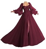 Puffy Sleeve Prom Dress Sweetheart Tulle Ball Gown Slit Formal Evening Gowns Princess Wedding Dresses Burgundy Size 26