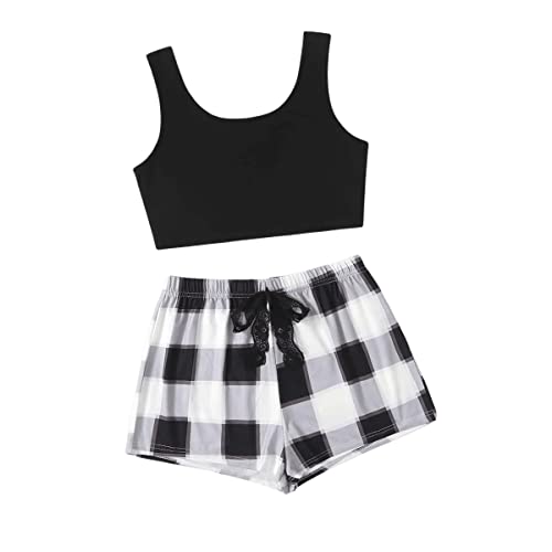Sweatyrocks Women's 2 Piece Pajama Set Crop Tank Top And Plaid Shorts Loungewear Black White S #TOP4
