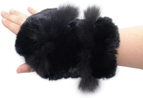 surell Black Rex Rabbit Fur Textile Knit Fingerless Gloves with Fox Detail - Winter Texting Mittens - Luxury Cold Weather Clothing image 5