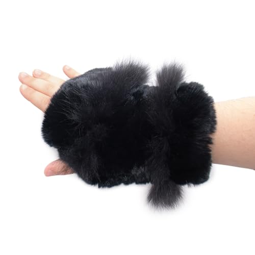 surell Black Rex Rabbit Fur Textile Knit Fingerless Gloves with Fox Detail - Winter Texting Mittens - Luxury Cold Weather Clothing
