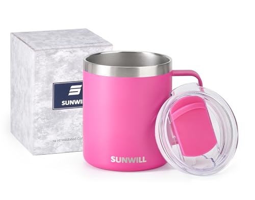 Image of SUNWILL Insulated Coffee Mug with Lid, Travel Tumbler with Handle, 14 oz Stainless Steel Cup for Home, Office, Camping, Powder Coated Magenta