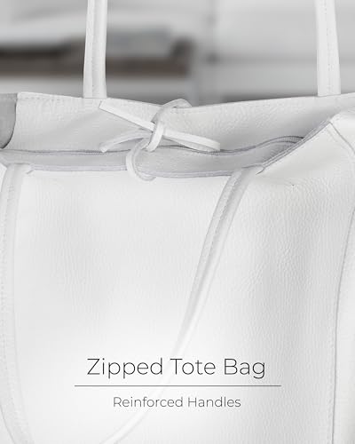 Image of Genuine Italian Leather Tote Bag for Women, Large Slouchy Purse, White | Unstructured bag, raw unlined interior with zip pocket, top zipper, side ties, folds flat, fits a 16-inch laptop, lightweight