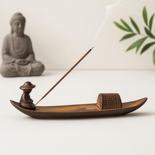 Ceramic Incense Stick Holder - Chinese Fishing Boat Design Ash Catcher - Durable Heat-Resistant Tray for Meditation, Yoga, Relaxation, Home and Office Décor - Mess-Free and Stylish Incense Burner Gift