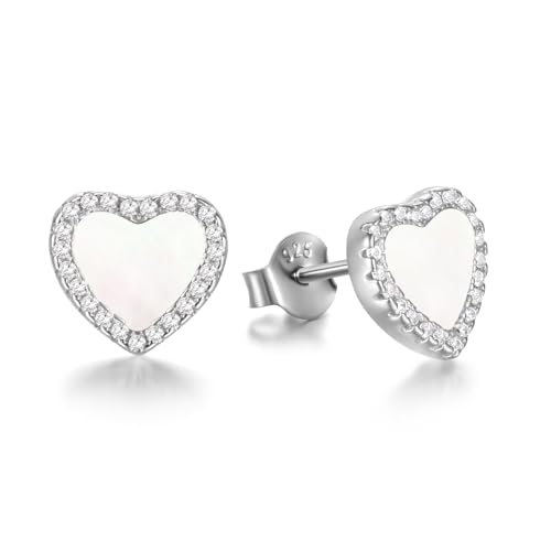 Evensee Pendientes Corazón de Nácar Blanco Plata 925 para Mujer,Elegantes Simbolos de Amor con Poste,Regalos para Mujeres y Niñas