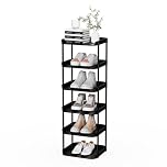 Altdnmaf 6 tier Narrow Shoe Storage Rack, Compact Single Shoerack Stand for Slim Space, Stackable Tall Thin Show Tower, Vertical Plastic Shelves, for Hallways, Kitchens, Bedrooms Tidy Organizer, Black