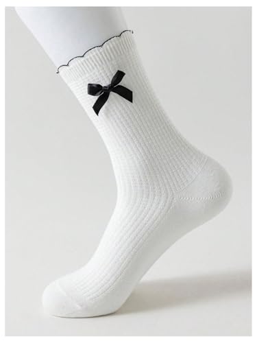 Image of Verdusa Women's 2 Pairs Bow Knot Scallop Edge Ribbed Crew Socks Black and White one size