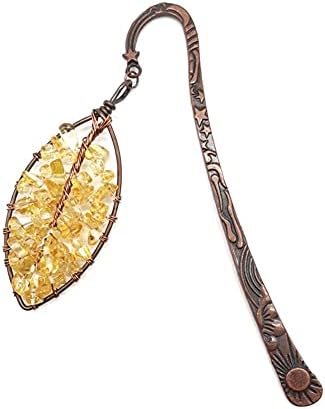Metal Bookmark Crystal Tumbled Stones Topaz Leaf Bookmark Retro Design Copper Bronze Bookmark