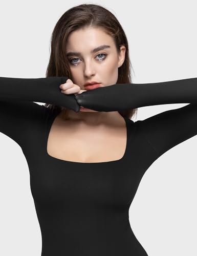 PUMIEY Women's Square Neck Long Sleeve T Shirts Slim Fit Tops Basic Tee Smoke Cloud Pro Collection3