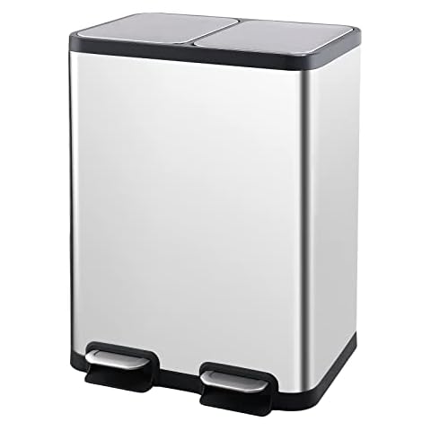 ELPHECO Dual Compartment Kitchen Step Trash Can 2×6.6 Gallon Stainless Steel Garbage Can for Kitchen with 2 Removable Buckets and Lids Cover