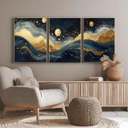 Triptyque abstrait sur toile de haute qualité avec feuille d'or paysage marin - 3